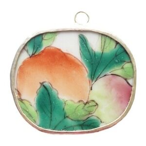 Peach Fruit Vintage Pottery Shard Pendant Hand Painted Famille Rose Porcelain